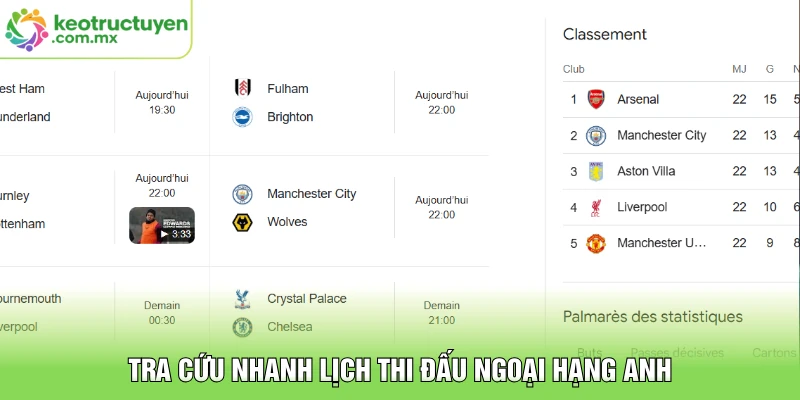 Tra cứu nhanh lịch thi đấu Ngoại Hạng Anh